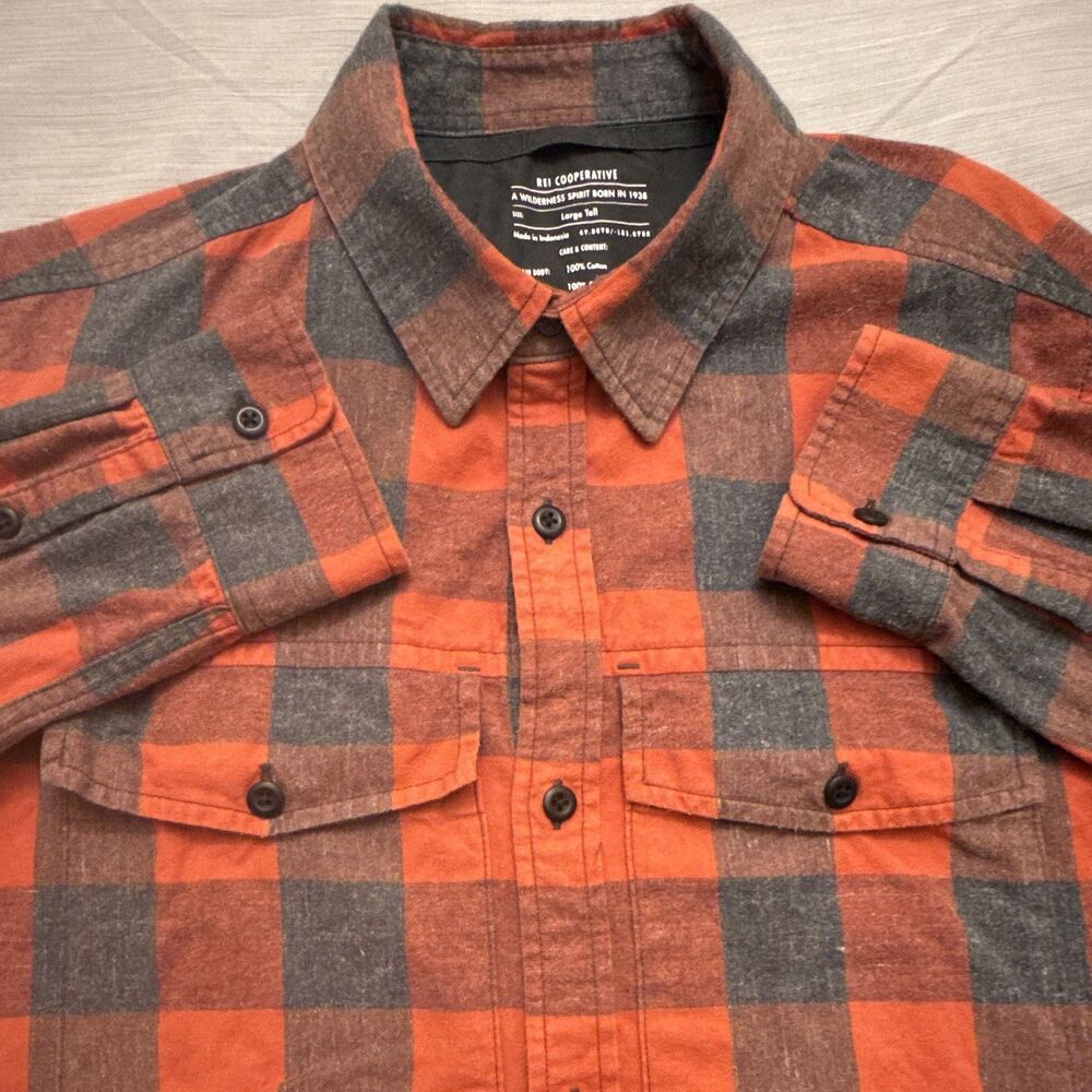 REI Cooperative Plaid Flannel Button-Up Shirt Orange/Red/Gray Outdoor Men’s L